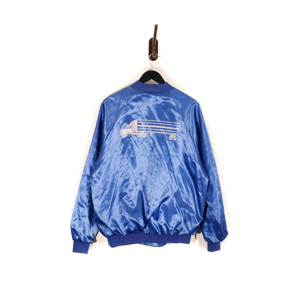 Vintage 80s Trucker Satin Bomber Style Jacket Snap Cardinal USA Reflective Blue - Picture 1 of 10